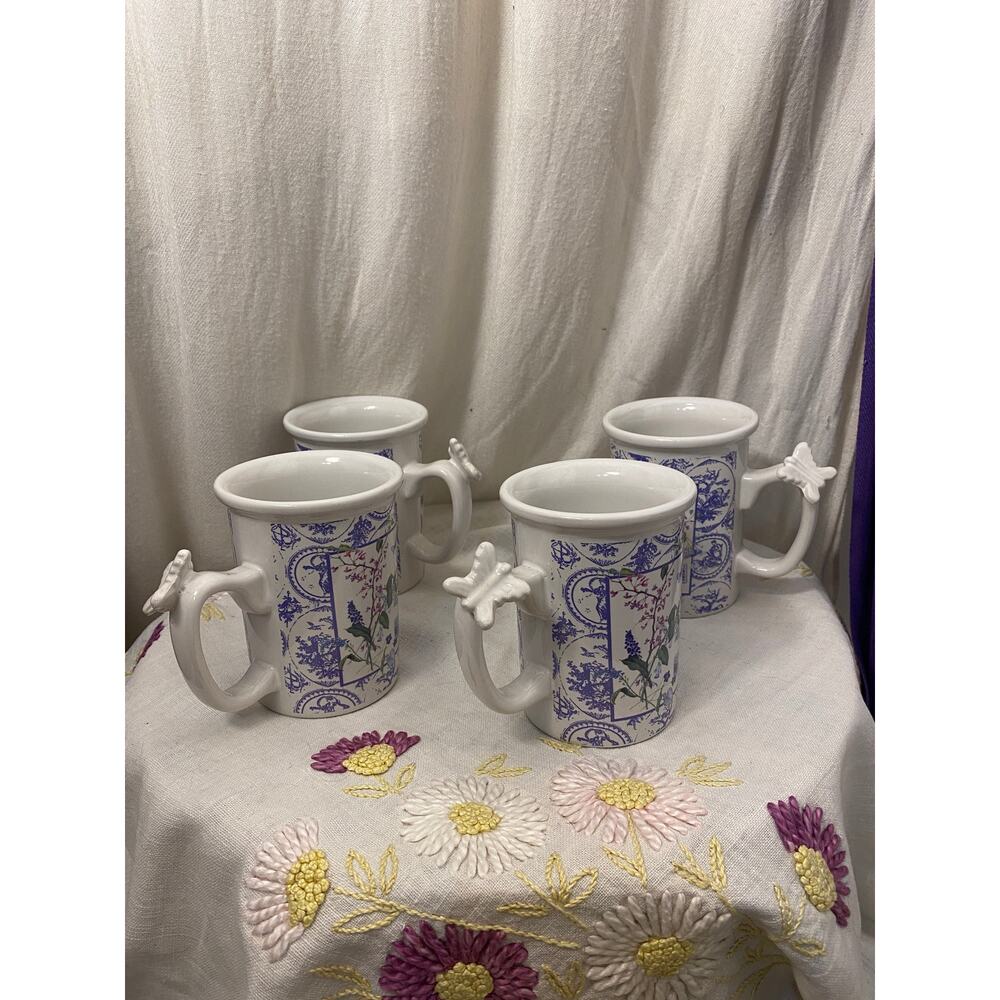 Set of 4 Mugs / Cups, Coffee / Tea, Floral pattern with 3-D Butterfly on handles